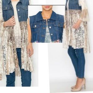 ORIGAMI cardigan LACE & DENIM vest L/XL vintage PRINTED BOHEMIAN HIPPIE